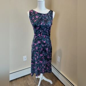 Diane von Furstenberg Silk Mesh Dress Black Pink Teal Abstract Midi SIZE MEDIUM